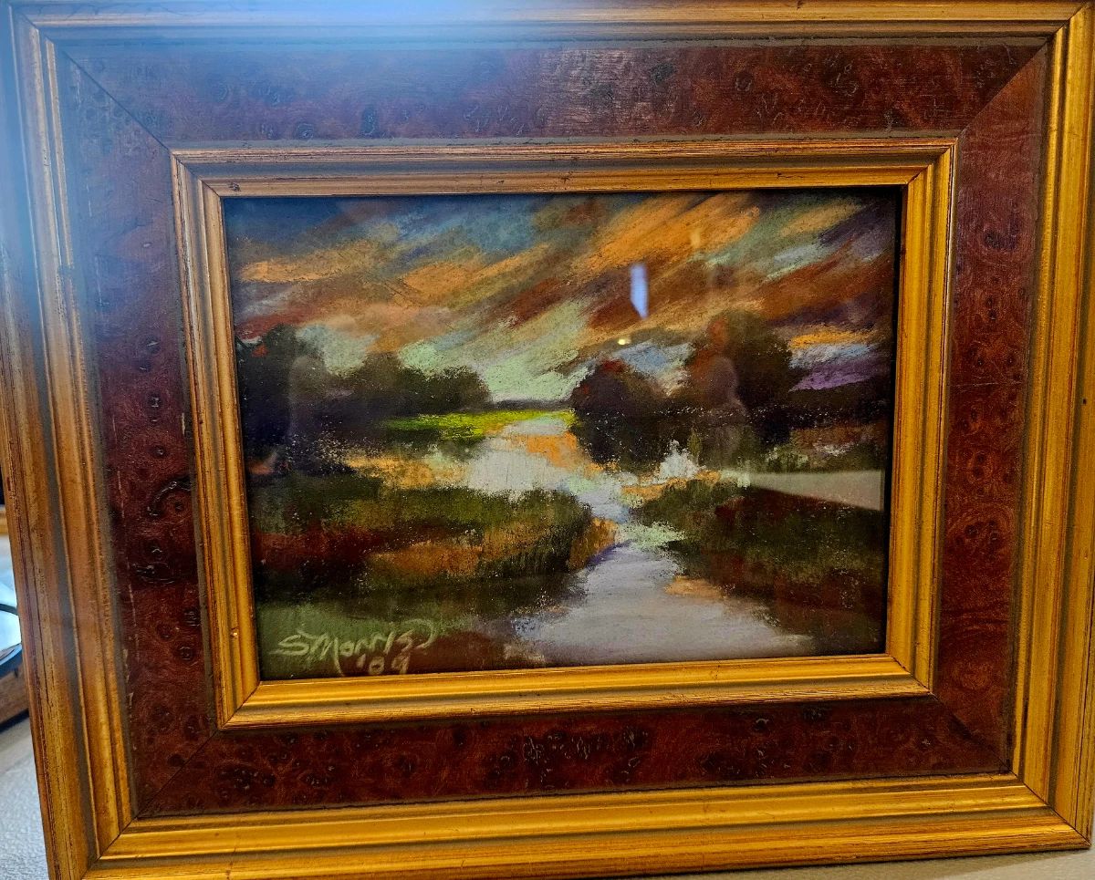 Impressionist pastel landscape signed S. Morris 89, 10hx 12w incredible frame!