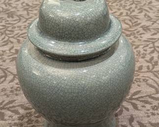 Chinese Celadon Crackle-Glazed Temple Jar with Foo Dog Lid, 19"