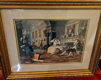Late 19th c hand colorored etching,  William Hogarth "Tete a Tete" plate II, framed.  16.5 x19.5 