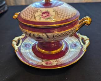 French Limoges Burgundy & Gold Porcelain Covered Tureen with Underplate – 7”