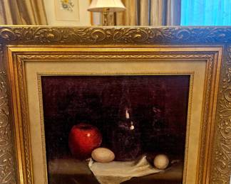 Tabletop still life oil painting w/ chiaroscuro effect, late 19th c, artist unknown, 16x17u