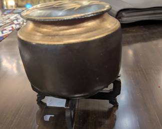 Japanese-Style Stoneware Covered Jar with Bamboo Decoration – 5"