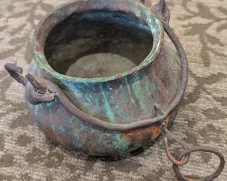 Antique Copper Hanging Pot with Iron Handles & Verdigris Patina – 5” x  7"