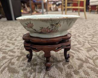 Antique Chinese Famille Rose Porcelain Bird & Flower Bowl with Carved Wood Stand, c. 1900