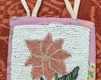 Vintage Native American Floral Beaded Purse Great Lakes Style Hide Back 4.5"