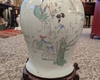 Chinese Famille Rose Porcelain Figural Jar with Calligraphy & Carved Wood Stand – 14" 