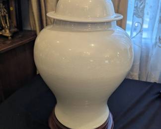 Chinese White Crackle Glaze Temple Jar with Lid & Carved Wood Stand – 19"