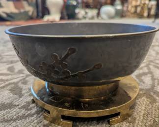 Japanese-Style Mixed Metal Bowl with Plum Blossom Decoration & Brass Display Stand 
