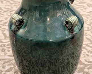 Chinese Green-Glazed Four-Handle Pottery Vase with Wood Stand – 14", 20th Century