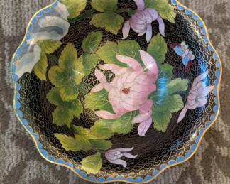 Chinese Cloisonné Enamel Floral Bowl c. 1920–1950 with carved wood stand