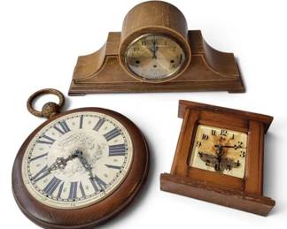 New England Clock Co. & Colorflo Clocks – Vintage Wood Mantel & Wall Clock 3-Pc Lot