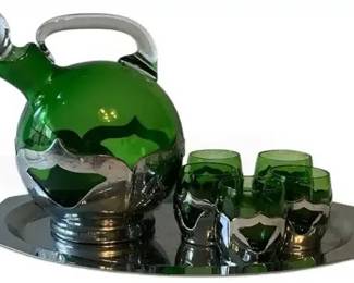 Farber Bros. Green Glass Decanter Set – 5 Glasses & Metal Tray, 7-Pc