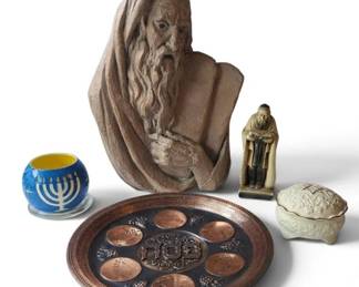 Vintage Judaica Lot – Passover Seder Plate, Jewish Figures, Menorah Glass & Lidded Dish