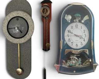 Vintage Pendulum & Quartz Wall Clocks – Mechanical Hanging Clock & Travel Motif, 3-Pc Lot