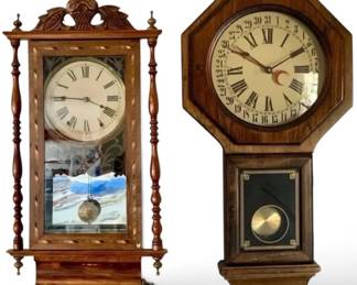 Vintage Wooden Pendulum Wall Clocks – Ornate Regulator & 31-Day Calendar Clock, 2-Pc Lot