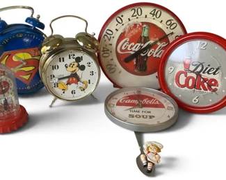 Coca-Cola & Campbell's Vintage Clocks, Superman, Mickey Mouse & Diet Coke – 5 Clocks + Thermometer