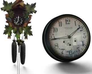 Sterling & Noble Vintage Wall Clock & Carved Bird Cuckoo Clock – 2-Pc Lot