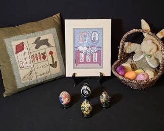 Charming Country Spring Display Set with Japanese Washi, Gzhel Wooden,  Vintage Alabaster Eggs