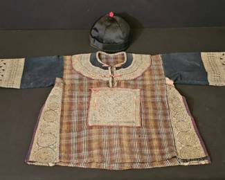 Vintage Mid20th Century Southeast Asian Tribal Childs Tunic  Hat Set