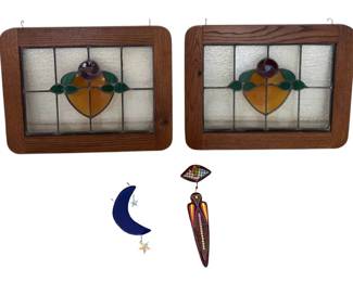 Antique Leaded Stained Glass Windows in Solid Wood Frames w Bonus Suncatchers