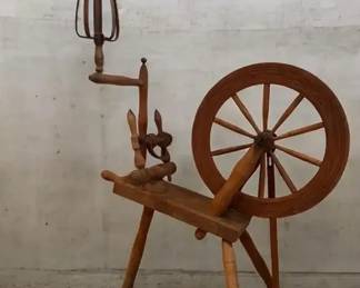 Antique 19thCentury Saxony Wooden Treadle Spinning Wheel with BuiltIn Lazy Kate Accessory