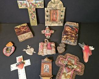 Vintage Artisan Religious Folk Art Nicho, Sacred Heart Milagros  Architectural Panels