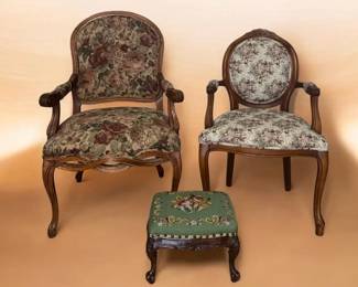Pulaski  Fairfield Stately Armchair Pair w Needlepoint Stool