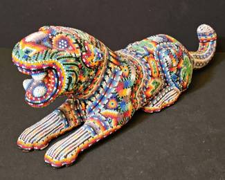 Handcrafted 18 FullBody Beaded Jaguar Sculpture... Huichol Artistry
