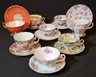 Eclectic Assortment of Eight Vintage Teacup and Saucer Sets Plus Extra Saucer