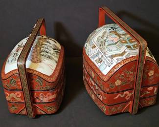Antique Chinese Red Lacquer Tiered Stacking Boxes  Tiffin or Dowry Baskets