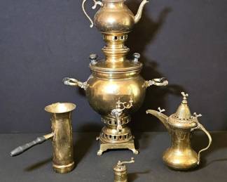 Antique Brass Samovar  Middle Eastern Hospitality Set  21.5 Tall with Dallah, Grinder, and More