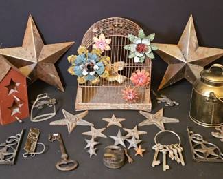 Vintage Primitive Rustic Decor Lot Metal Birdcage, Stirrup, Branding Iron, and Collectibles