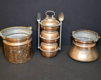 Antique Ottoman HandHammered Copper  3Tier Tiffin, Etched Yogurt Bucket  Cauldron