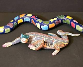 Vibrant Mexican Folk Art Reptile Pair 33 Glazed Ceramic Snake  Signed Mitla Painted Lizard