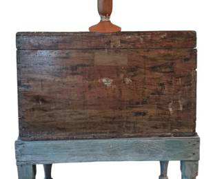 Antique Primitive Dovetailed Blanket Chest  TurnedLeg Stand w Folk Art Lithograph