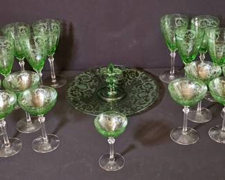 Vintage Fostoria Etched Uranium Glassware Set with FleurdeLis CenterHandled Server