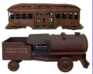 Vintage 1920s  1930s Pressed Steel Train Toys DaytonSchieble Trolley  Steelcraft Locomotive