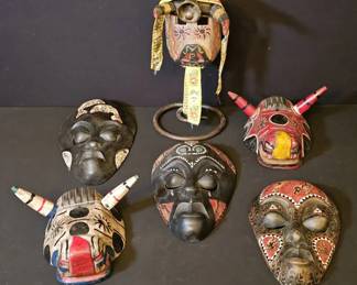 Curated Global Eclectic Mask Collection Folk Carvings  Studio Art Glass