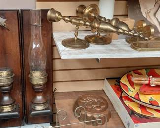vintage wall sconces, brash, platters ,cpper