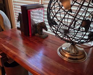 UNIQUE REDWOOD DESK WITH GLOBE AND HORSE BOOKENDS