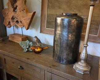 Rustic console, large wood root decor lamp and decor