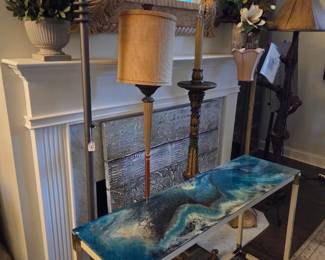 Blue maze hall table with 5 floor lamps
