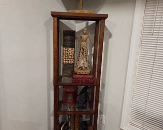 Skinny wood shelf with drawer and decor