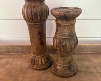 A15 - $30. Pair of Vintage Style Pillar Candle Holders. They measure 12" & 14.5" tall. Made from ceramic material.