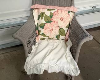 A78 - $75. Antique Wicker Chair painted Grey. Measures 28.5" wide x 34" x 33" tall.