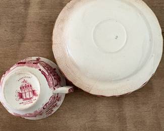 A44 - $25. 5 Pc Red transferware. 1 cup, 4 saucers.