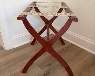 A26 - $40. Vintage Scheibe Wooden Folding Luggage Rack. Floral Tapestry Woven Straps. Measures 22.5" x 17" x 19.5" tall.