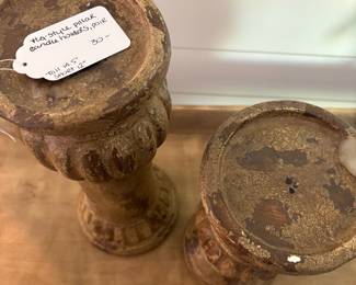 A15 - $30. Pair of Vintage Style Pillar Candle Holders. They measure 12" & 14.5" tall. Made from ceramic material.