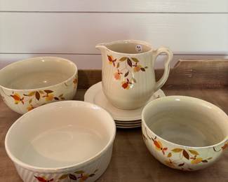A34 - $20. 8 Pc. Halls Superior China Set. All pieces show wear, lots of gold flaking and crazing.