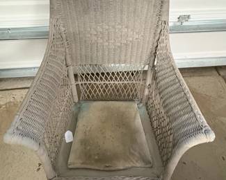 A78 - $75. Antique Wicker Chair painted Grey. Measures 28.5" wide x 34" x 33" tall.